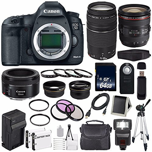 Canon EOD 5D III Digital Camera International Model + Canon EF 24-70mm f/4L is USM Lens + Canon EF 75-300 III+ EF 50mm Extreme Bundle