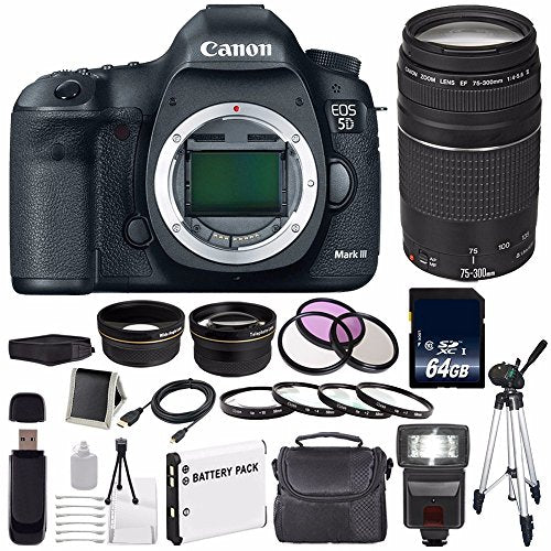 Canon EOD 5D III Digital Camera International Model + Canon EF 75-300 III+ LP-E6 Replacement Battery + 64GB SDXC Card +