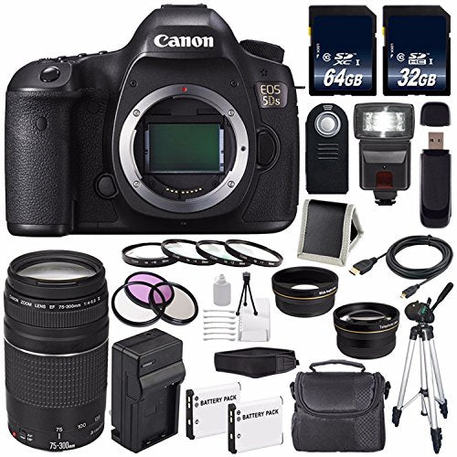 Canon EOS 5DS DSLR Camera (International Model) 0581C002 + Canon EF 75-300 III+ LP-E6 Replacement Battery + Charger + 64