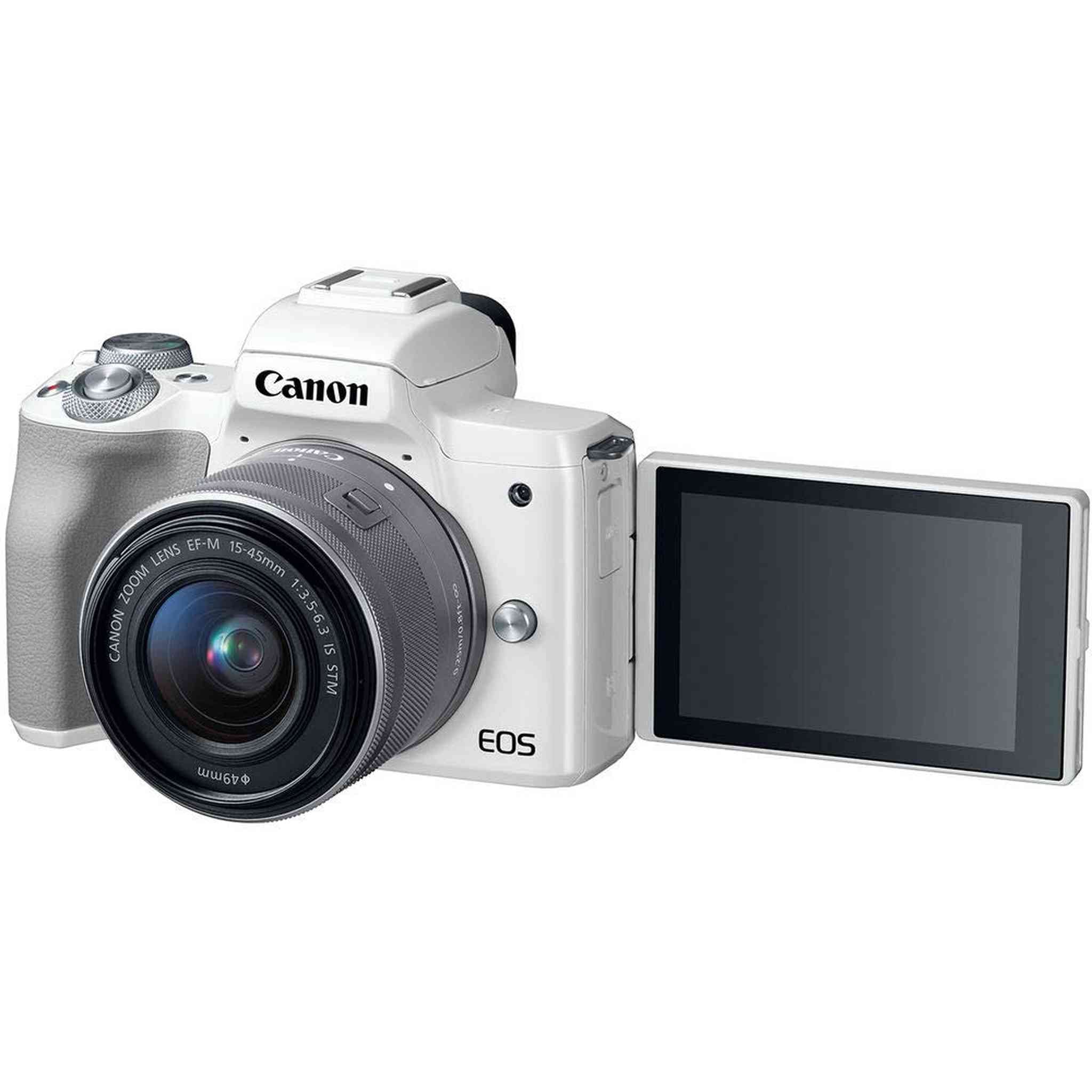 Canon EOS M50 Mirrorless Digital Camera White with 15-45mm Lens + UV FLD CPL Filter Kit + Wide Angle & Telephoto Lens