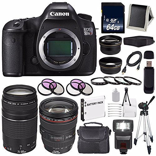 Canon EOS 5DS R DSLR Camera (International Model) 0582C002 + Canon EF 24-105mm f/4L is USM Lens + Canon EF 75-300 III Pro Bundle