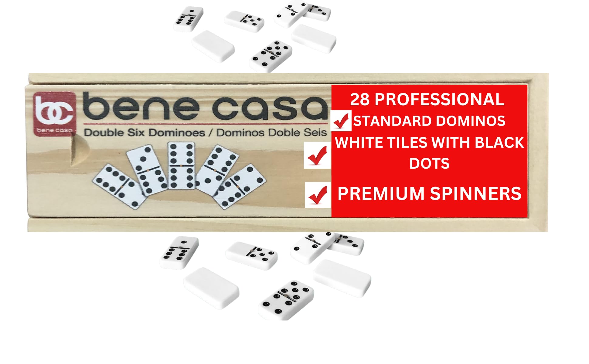 Bene Casa - Hand Crafted Double 6 Dominoes Set with Wooden Storage Box - 28 Piece Set - Dominoes Feature Brass Spinners