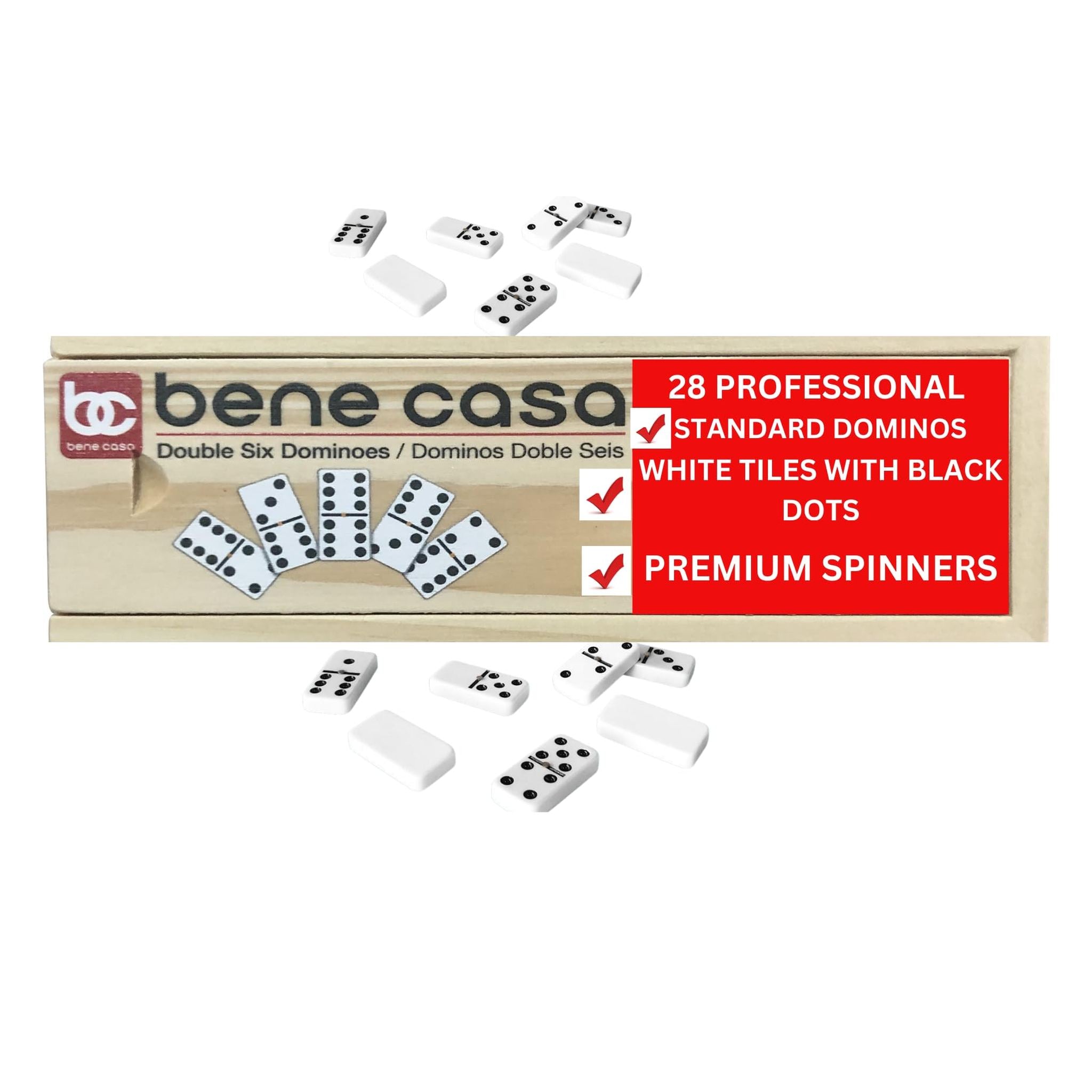Bene Casa - Hand Crafted Double 6 Dominoes Set with Wooden Storage Box - 28 Piece Set - Dominoes Feature Brass Spinners Bene Casa