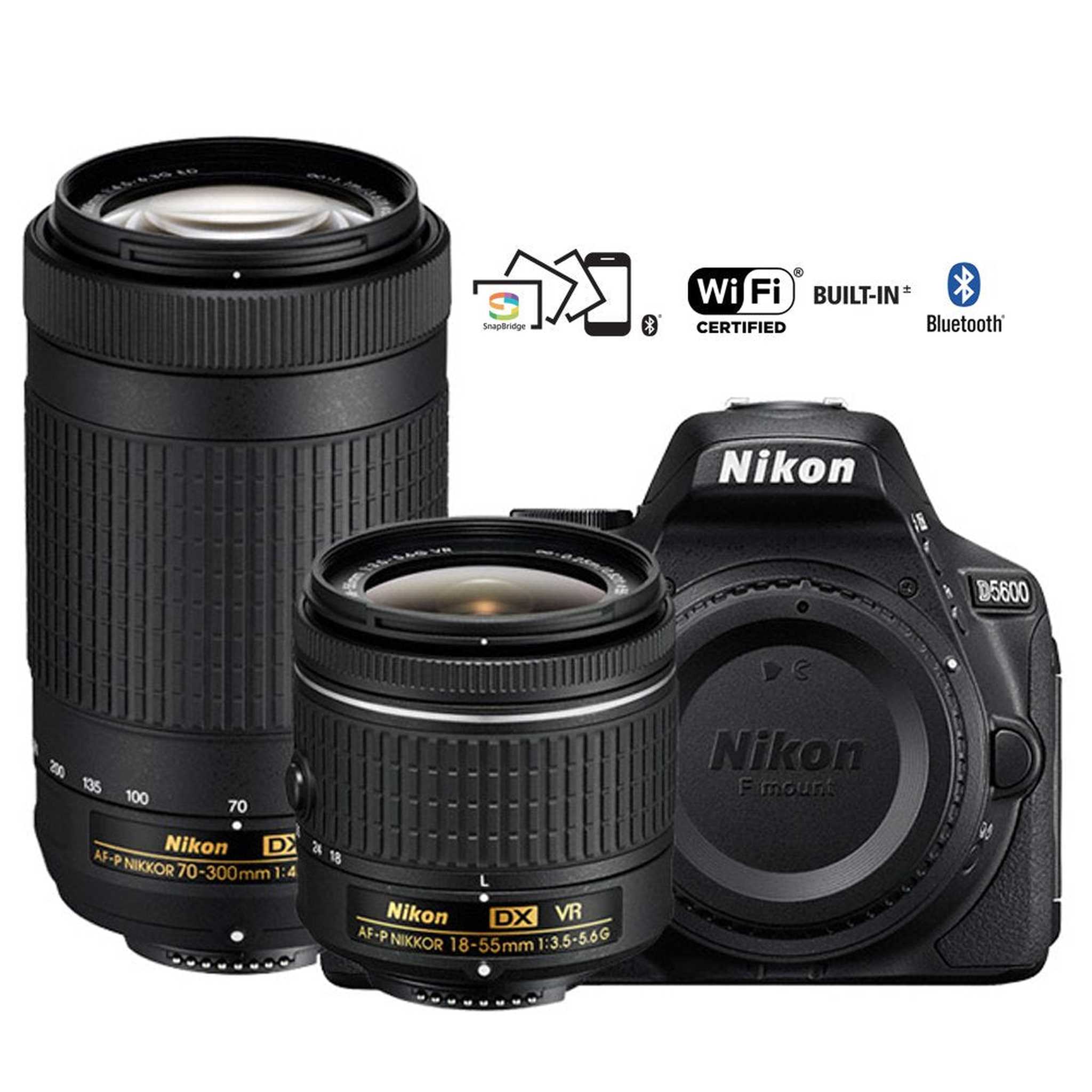 Nikon D5600 Digital SLR Camera with 18-55mm VR & 70-300mm DX AF-P Lenses - Renewed - Reconditioned Nikon