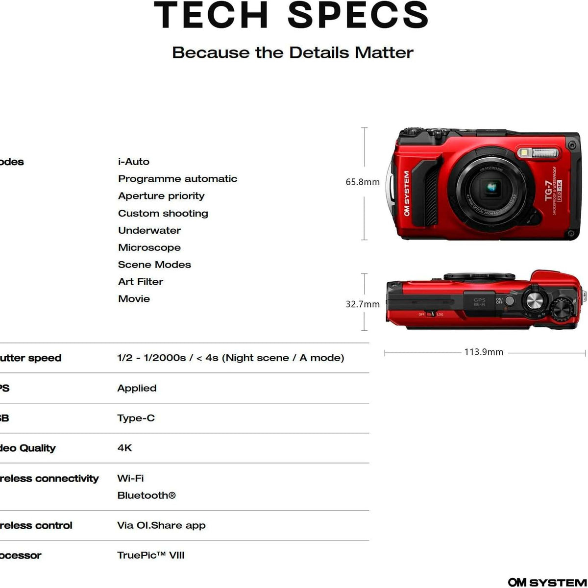 OM SYSTEM Tough TG-7 Digital Camera Bundle Red + 64GB Card + Case + Battery