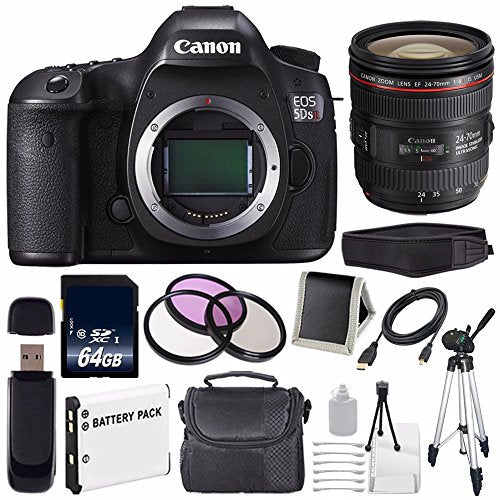 Canon EOS 5DS R DSLR Camera (International Model) 0582C002 + Canon EF 24-70mm f/4L is USM Lens + LP-E6 Battery + 64GB Card Storage Bundle