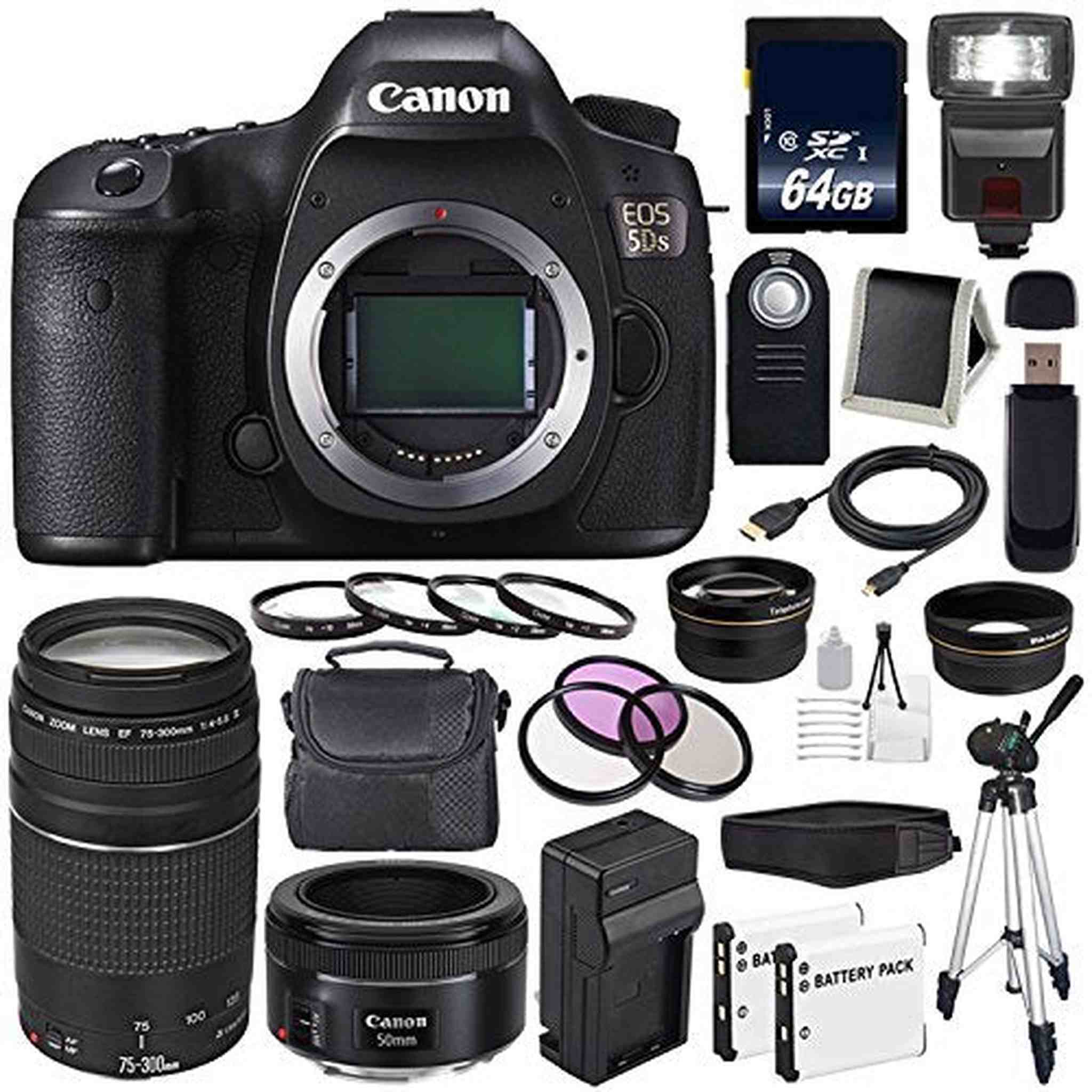 Canon EOS 5DS DSLR Camera International Model 0581C002 + Canon EF 75-300 III+ EF 50mm f/1.8 STM Lens + LP-E6 Replacement Battery + Charger + 64GB SDXC Card Bundle - Used Canon