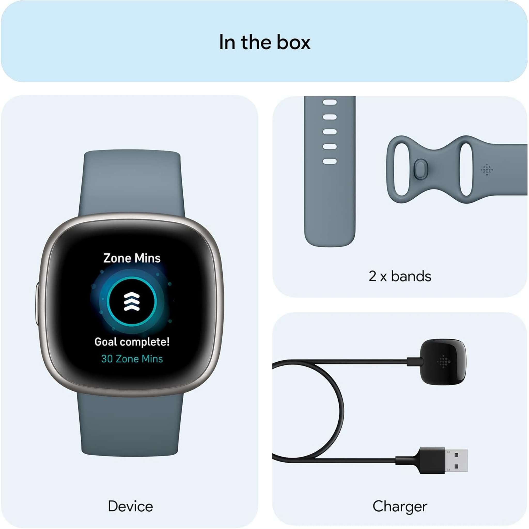 Fitbit Versa 4 Fitness Smartwatch with Daily Readiness, GPS, 24/7 Heart Rate, 40+ Exercise Modes, Sleep Tracking and more, Waterfall Blue/Platinum, One Size S & L Bands Included - Reconditioned Fitbit