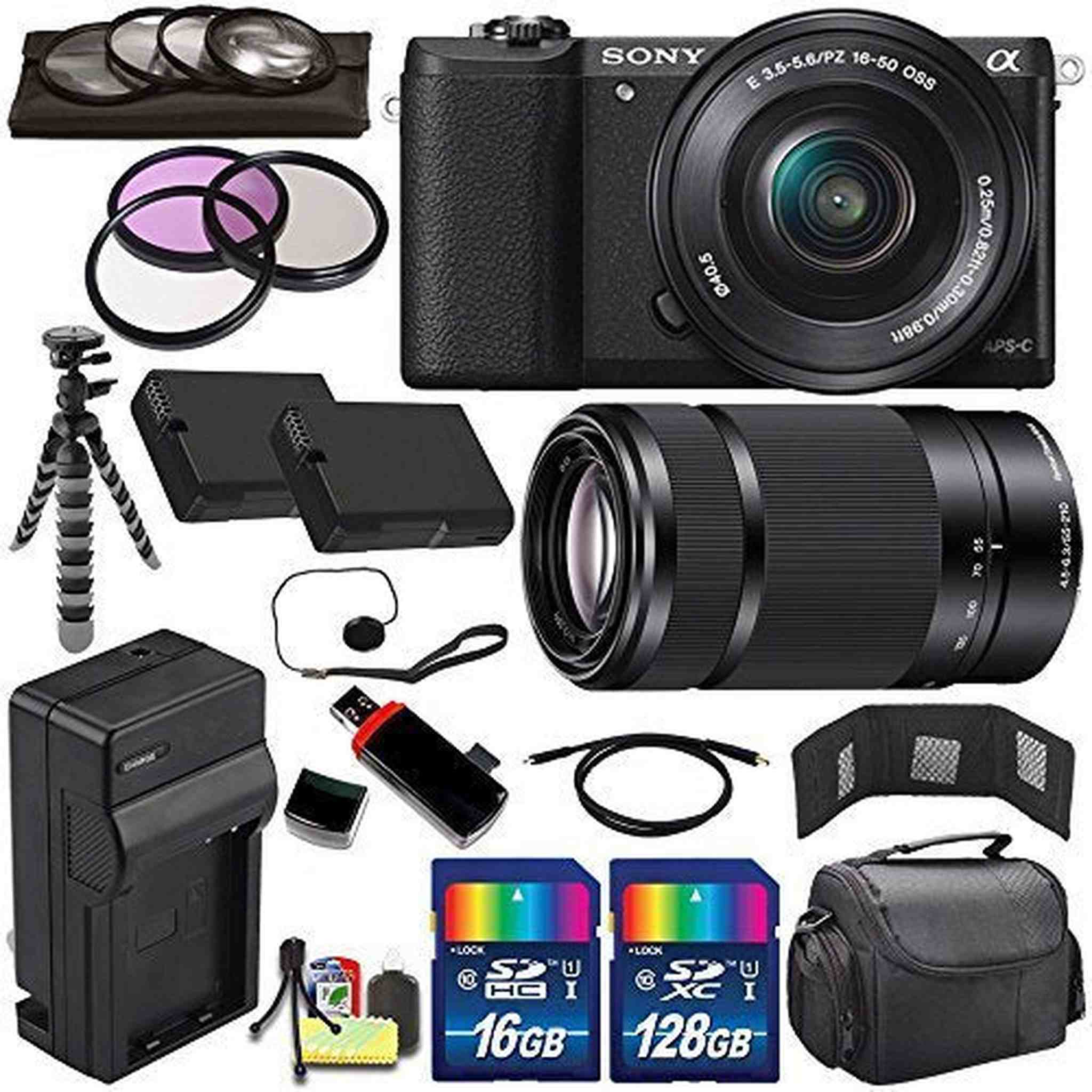 Sony Alpha a5100 Mirrorless Digital Camera with 16-50mm Lens Black + Sony E 55-210mm f/4.5-6.3 OSS E-Mount Lens 144GB Sony