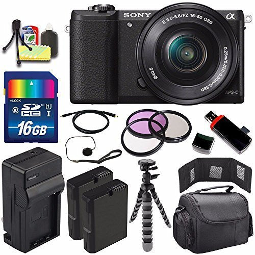 Sony Alpha a5100 Mirrorless Digital Camera with 16-50mm Lens Black + Battery + Charger + 16GB Bundle 4 - International