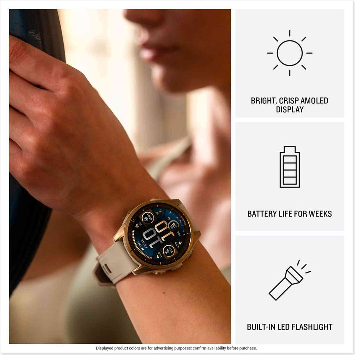 Garmin fēnix® 8 - 43mm, AMOLED, Sapphire, Premium Multisport GPS Smartwatch, Long-Lasting Battery Life, Dive-Rated, Built-in LED Flashlight, Soft Gold with Dark Sandstone Band