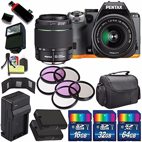 Pentax K-S2 DSLR Camera with 18-50mm & 50-200mm Lenses (Black/Orange) + Replacement Battery + External Charger + 112GB D