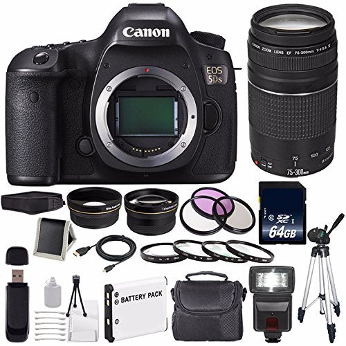 Canon EOS 5DS DSLR Camera (International Model) 0581C002 + Canon EF 75-300 III+ LP-E6 Replacement Battery + 64GB SDXC Ca