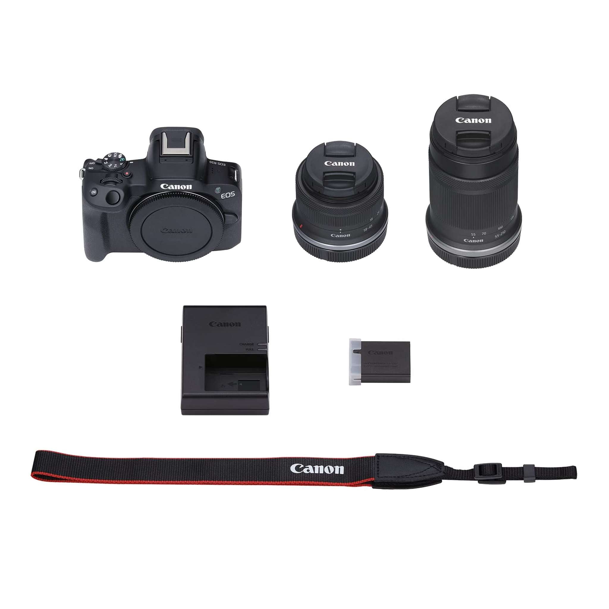 Canon EOS R50 Mirrorless Camera w 18-45mm and 55-210mm Lenses+ 64GB Card + Bag + Charger + More International Version