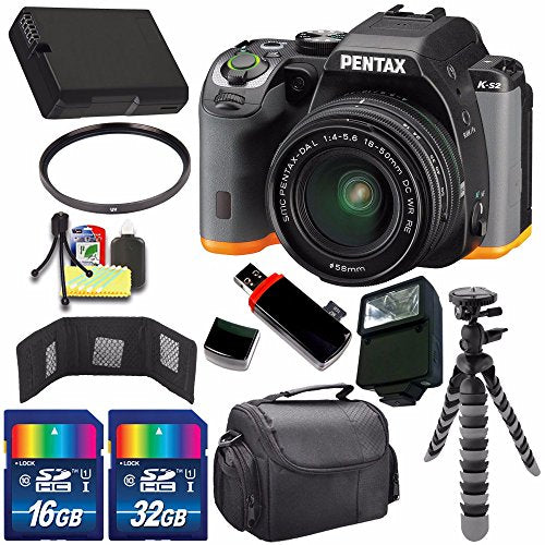 Pentax K-S2 DSLR Camera with 18-50mm Lens (Black/Orange) + Replacement Battery + 16GB Card + 32GB Card + Flash + 58mm UV