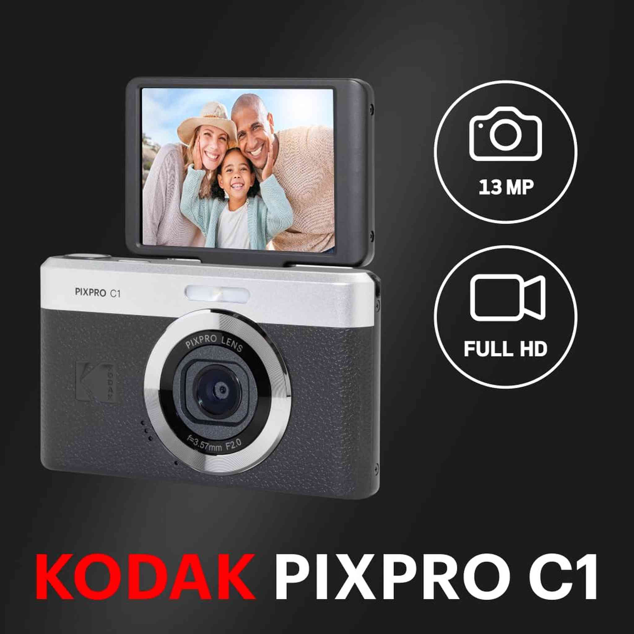Kodak PIXPRO C1 Digital Camera, 13MP Compact Point & Shoot with 4X Digital Zoom, 26mm f/2.0 Wide Angle, 180 Degree Flip Screen, 1080p HD Video, Black