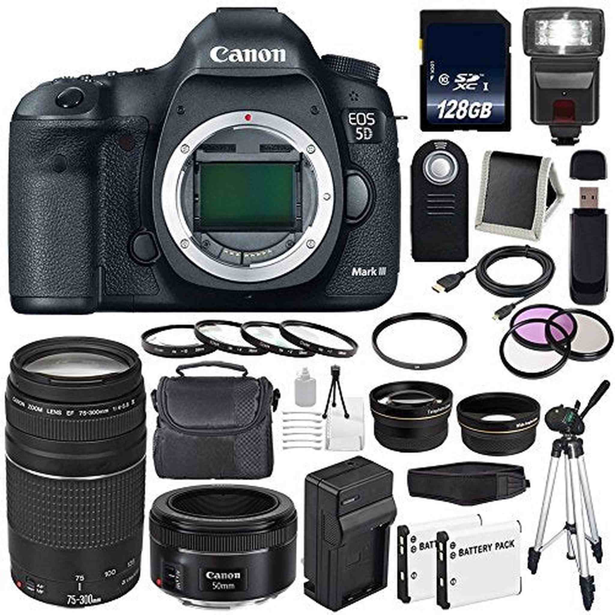 Canon EOD 5D III Digital Camera International Model + Canon EF 75-300 III+ EF 50mm f/1.8 STM Lens Storage Bundle