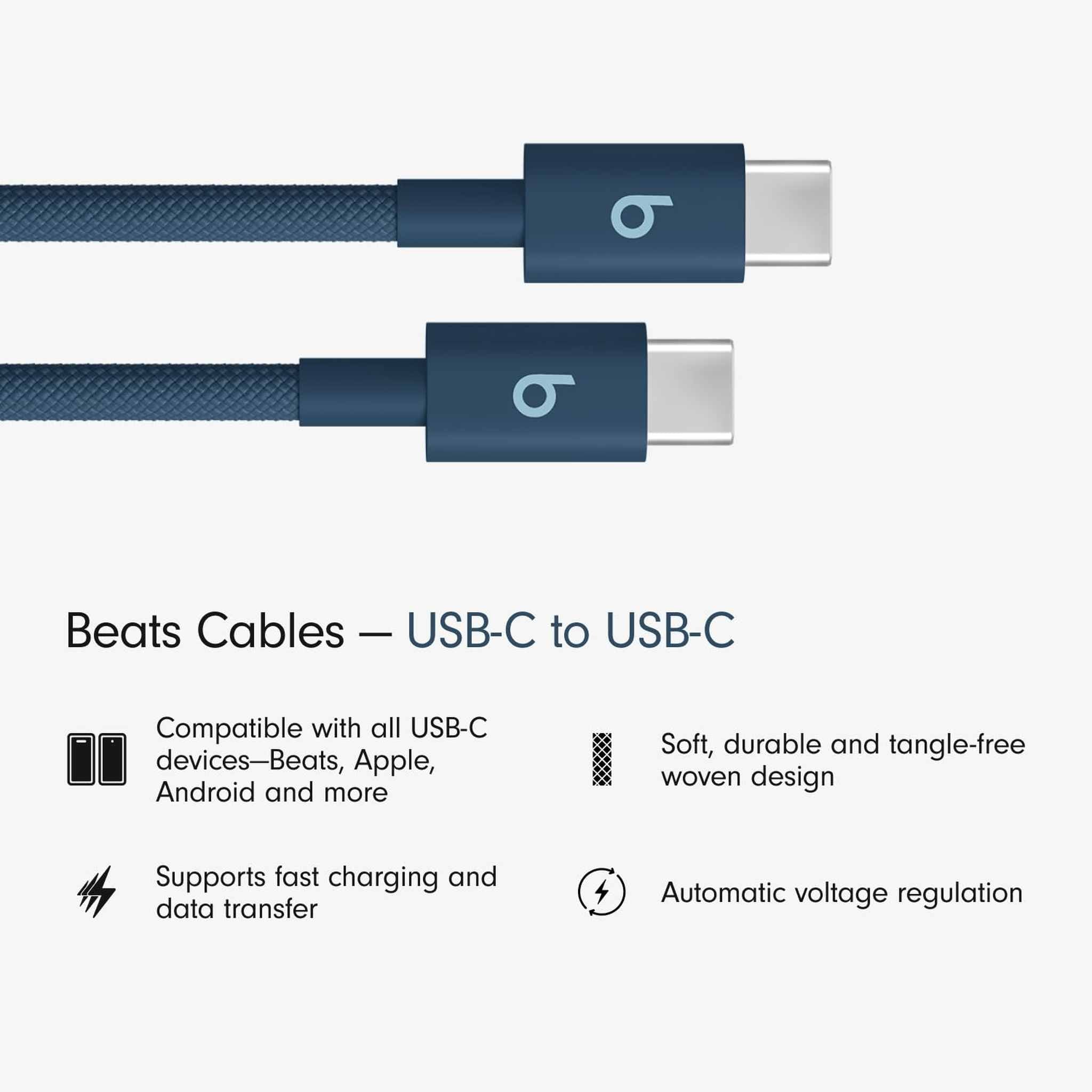 Beats USB-C to USB-C Woven Cable Fast Charging Durable/Tangle-Free Compatible Charger for Apple & Android Devices 1.5 m, 5 ft - Nitro Navy