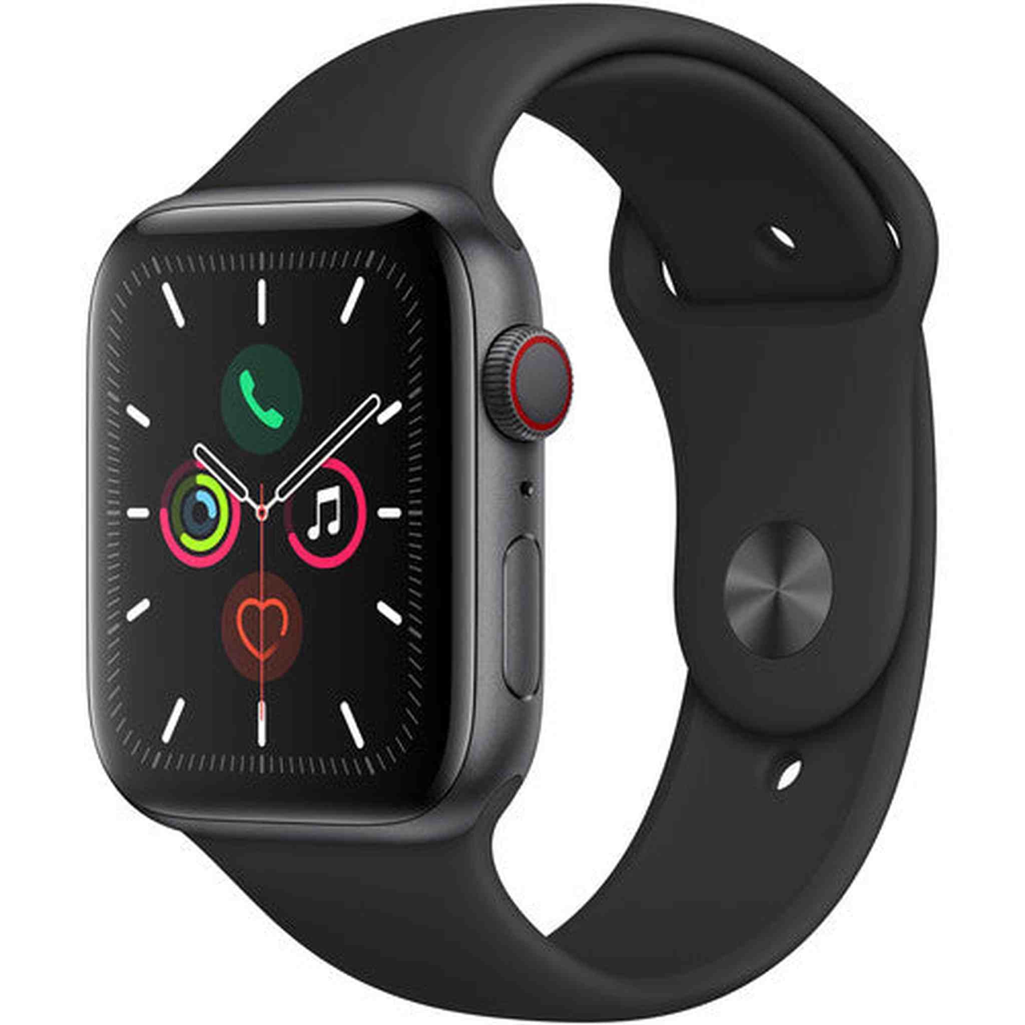 Restored Apple Watch Series 5 44mm GPS + Cellular, Space Gray Aluminum - Black Sport Band Refurbished -