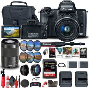 Canon EOS M50 Mirrorless Digital Camera with 15-45mm and 55-200mm Lenses Extra Battery & Storage Bundle