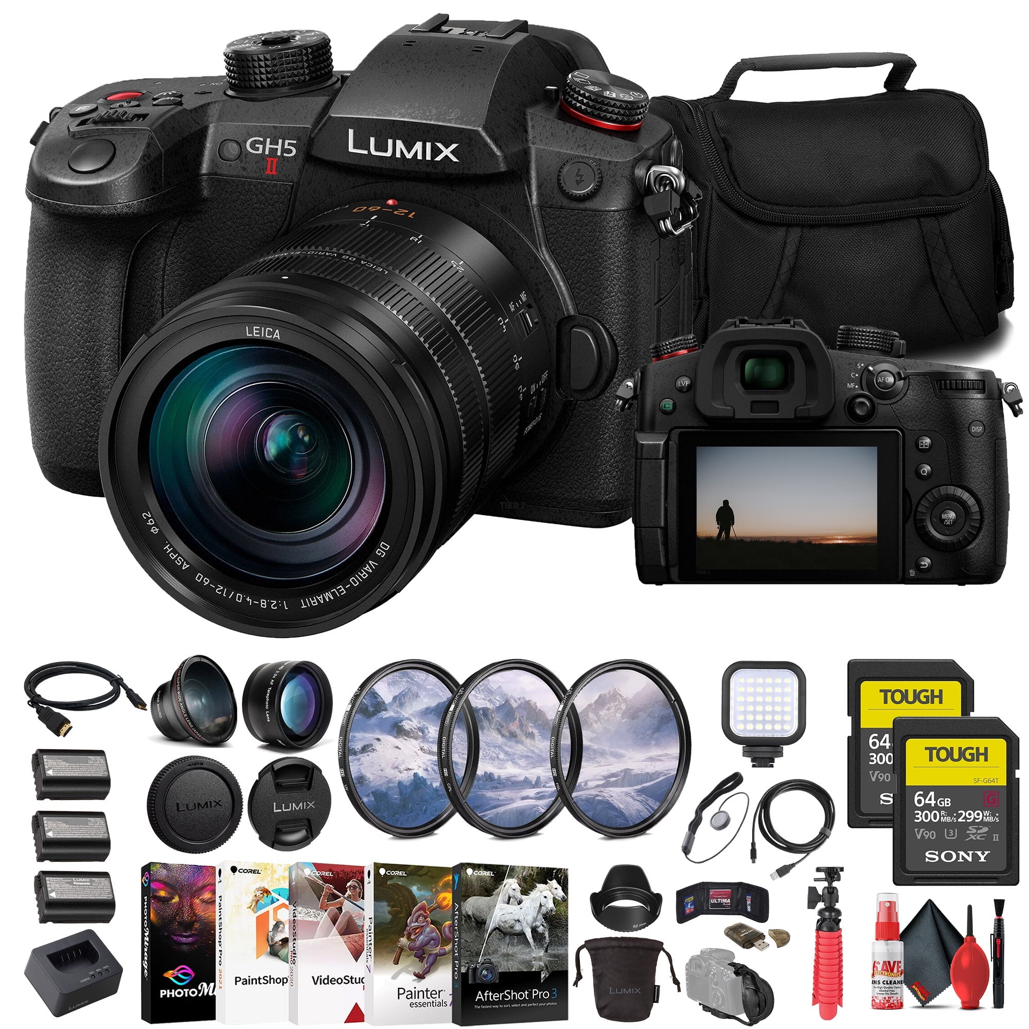 Panasonic Lumix GH5 II Mirrorless Camera W/ 12-60mm Lens + 2 x 64GB Card + More