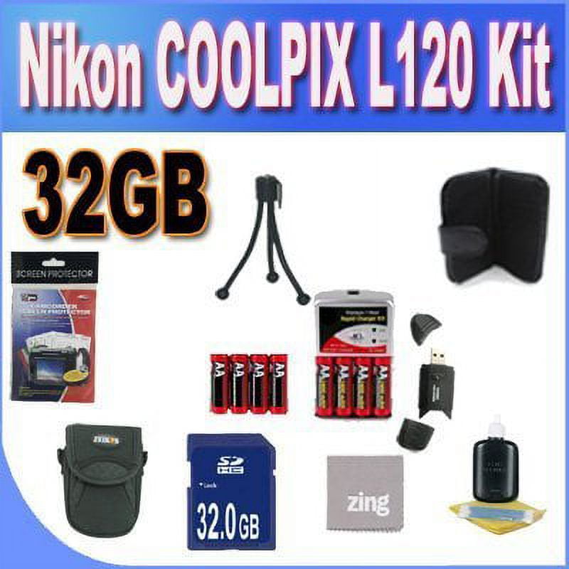Nikon COOLPIX L120 32GB Accessory Saver Kit 32GB SDHC Memory Card+ 2 Sets of 4 NIMH Rechargeable AA Batteries+ Rapid Battery Charger + Memory Card Wallet+ Accessory Kit