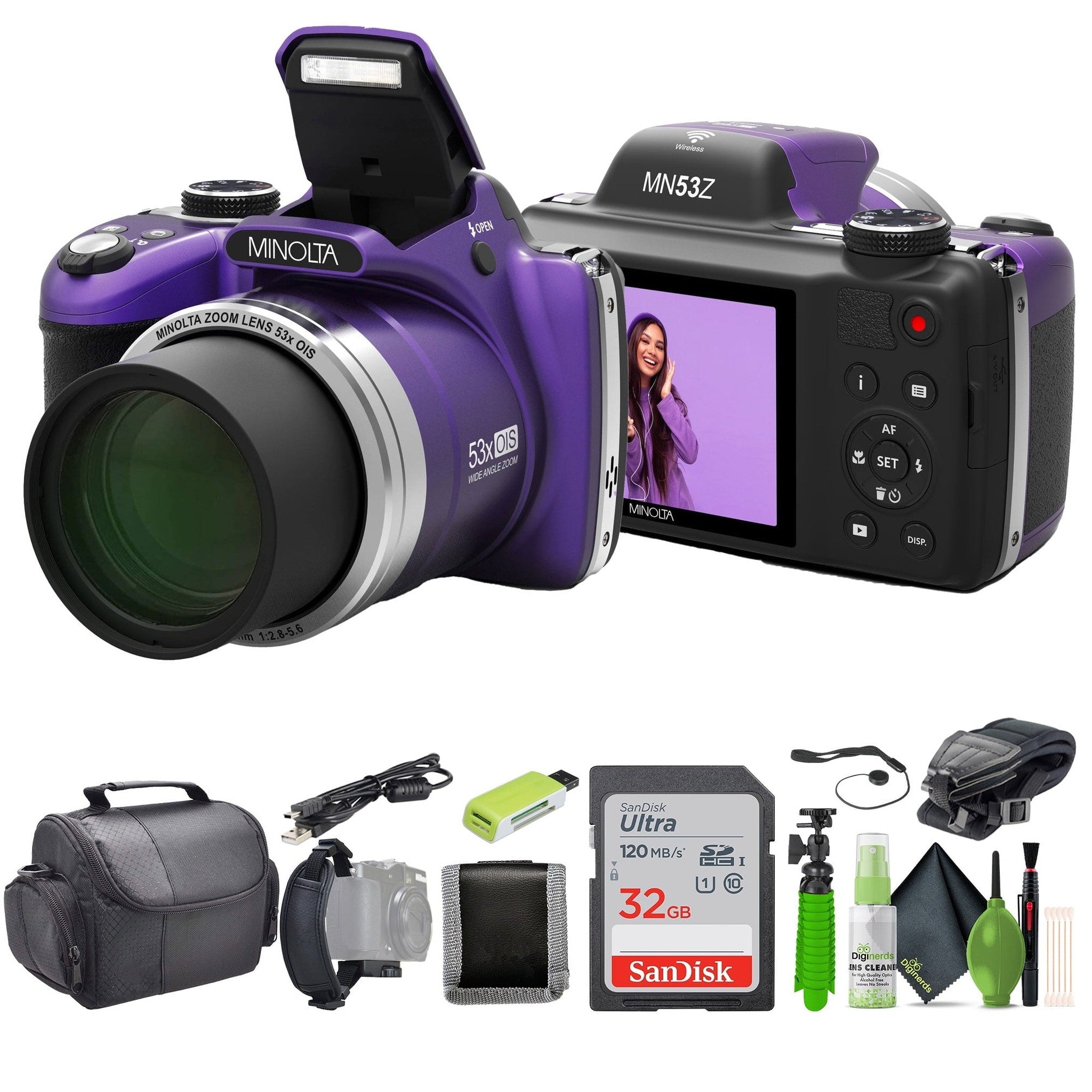 Minolta Pro Shot MN53Z 16 MP HD Digital Camera with 53x Zoom, 1080p HD Video Bundle Purple Minolta