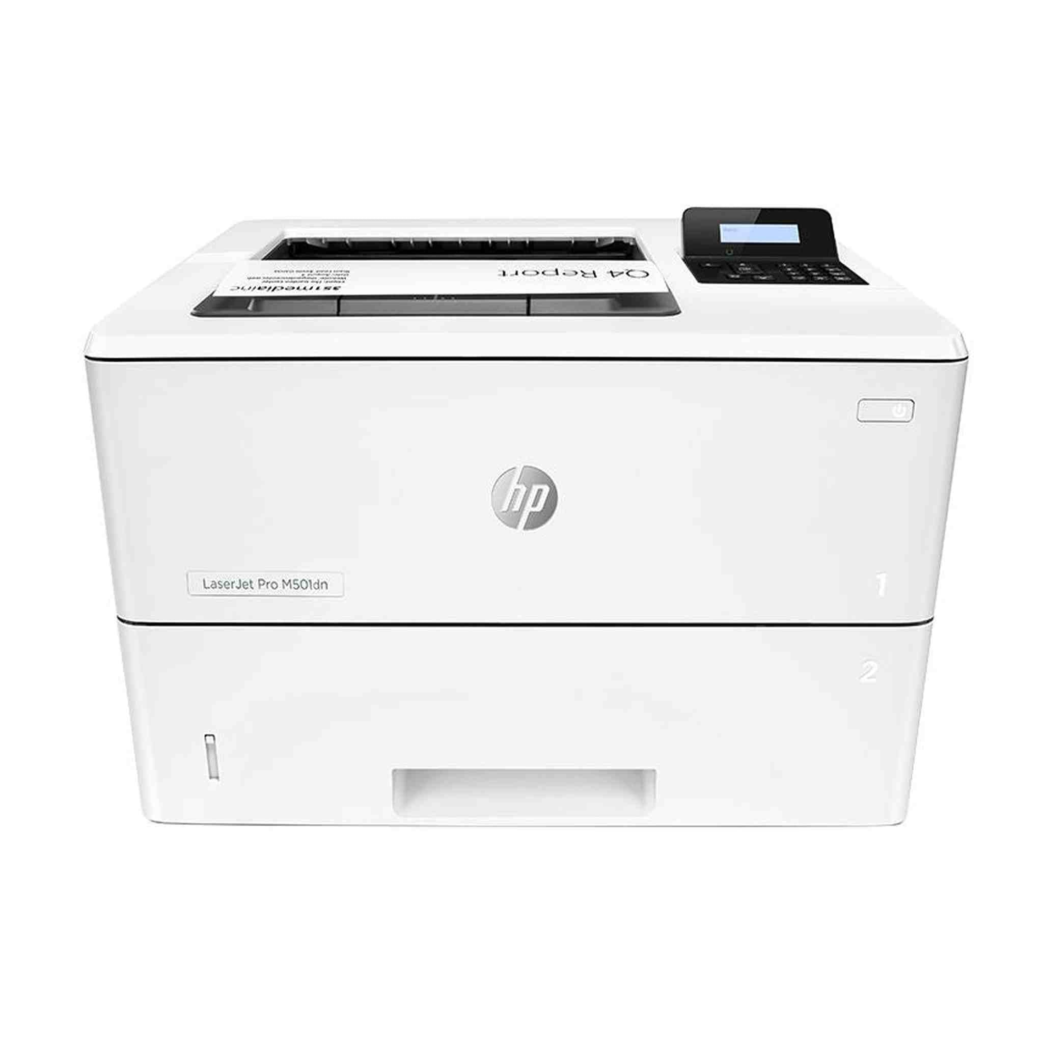 HP LaserJet Pro M501dn Monochrome Laser Printer With Built-in Ethernet And Duplex Printing J8H61A With Power Strip Surge Protector and Electronics Basket Cleaning Cloth