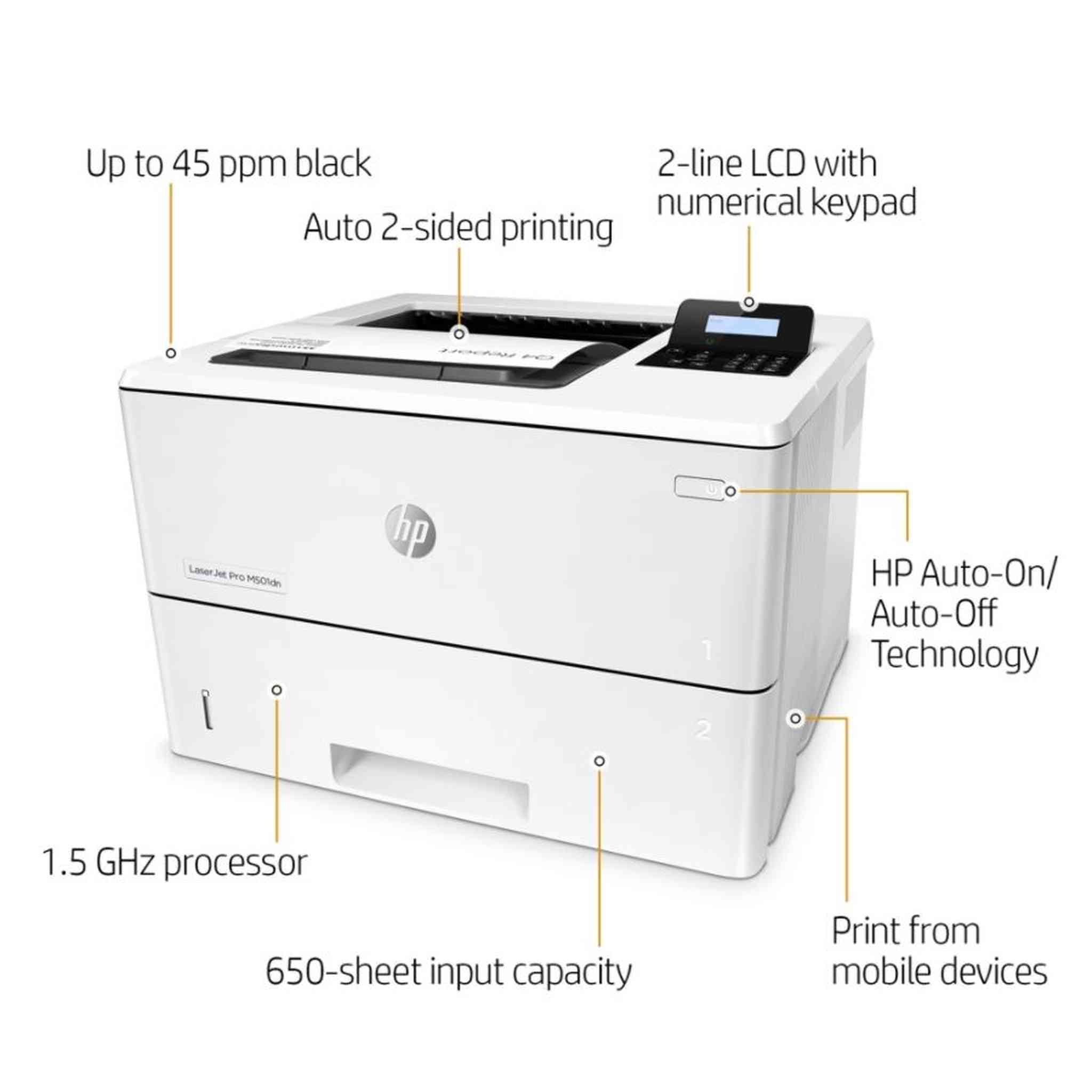 HP LaserJet Pro M501dn Monochrome Laser Printer With Built-in Ethernet And Duplex Printing J8H61A With Power Strip Surge Protector and Cleaning Cloth