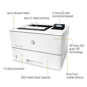 HP LaserJet Pro M501dn Monochrome Laser Printer With Built-in Ethernet And Duplex Printing J8H61A With Power Strip Surge Protector and Electronics Basket Cleaning Cloth