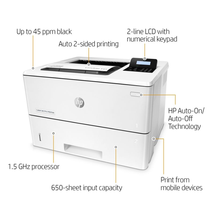HP LaserJet Pro M501dn Monochrome Laser Printer With Built-in Ethernet And Duplex Printing J8H61A With Power Strip Surge Protector and Electronics Basket Cleaning Cloth