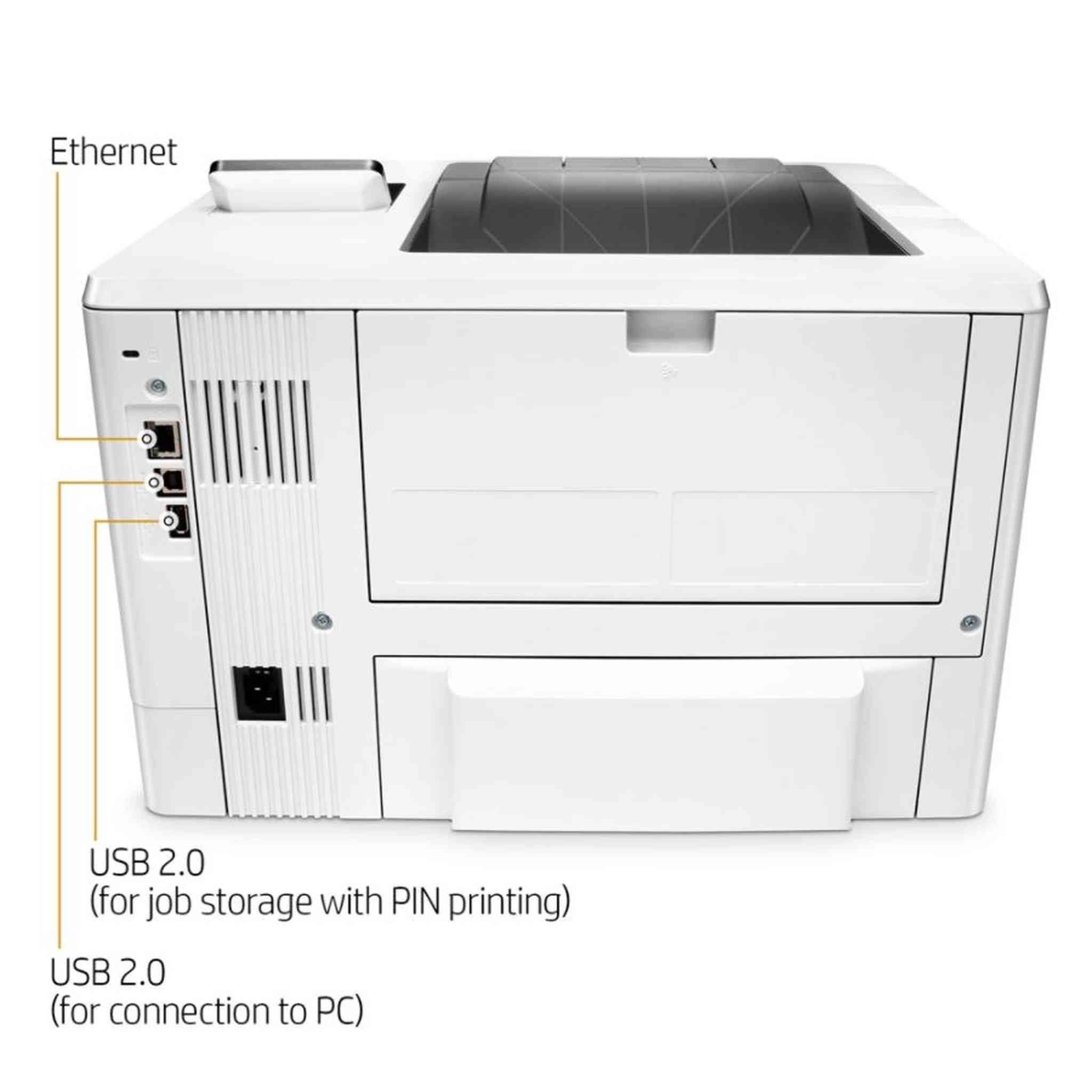 HP LaserJet Pro M501dn Monochrome Laser Printer With Built-in Ethernet And Duplex Printing J8H61A With Power Strip Surge Protector and Cleaning Cloth