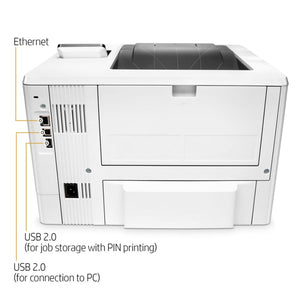 HP LaserJet Pro M501dn Monochrome Laser Printer With Built-in Ethernet And Duplex Printing J8H61A With Power Strip Surge Protector and Electronics Basket Cleaning Cloth