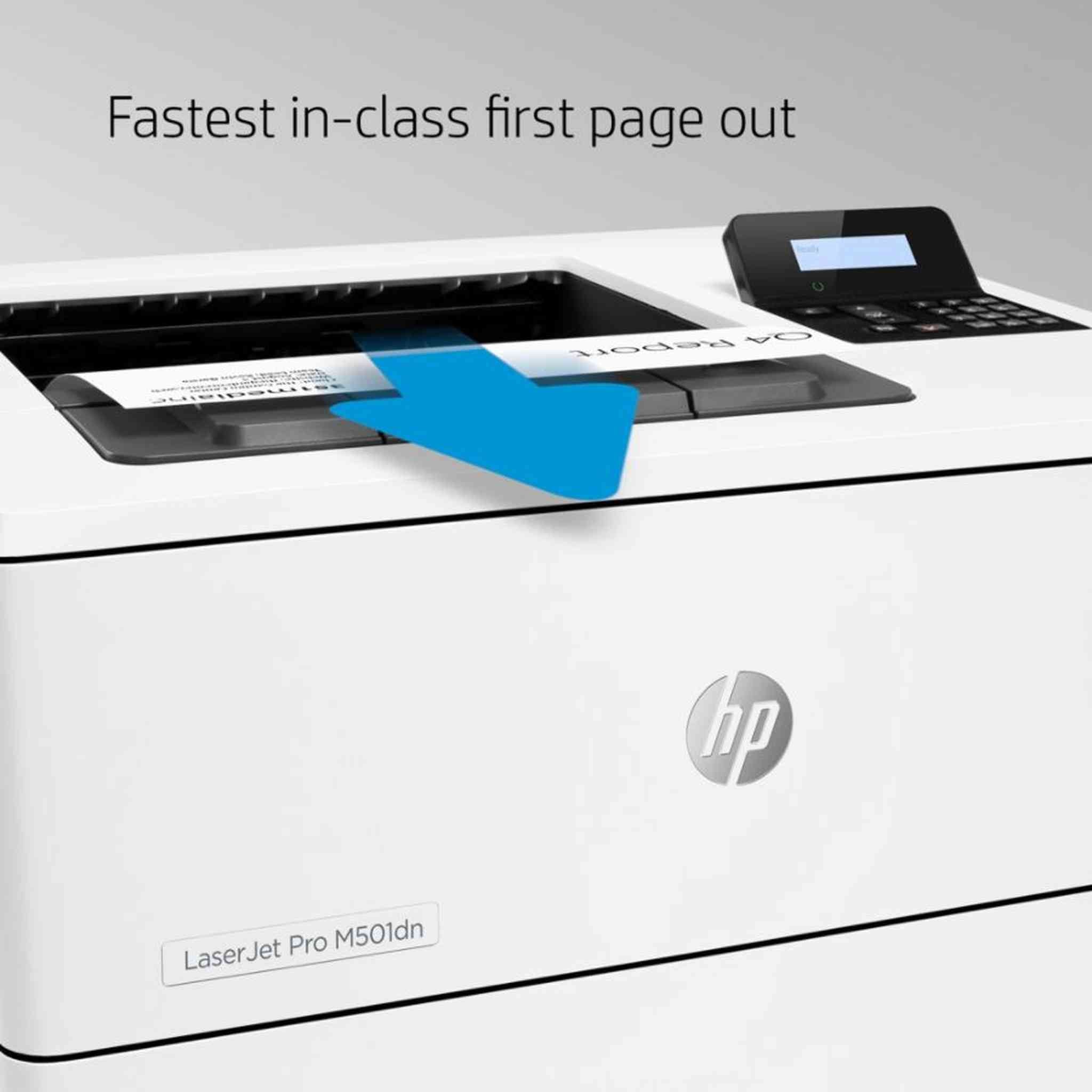 HP LaserJet Pro M501dn Monochrome Laser Printer With Built-in Ethernet And Duplex Printing J8H61A With Power Strip Surge Protector and Cleaning Cloth
