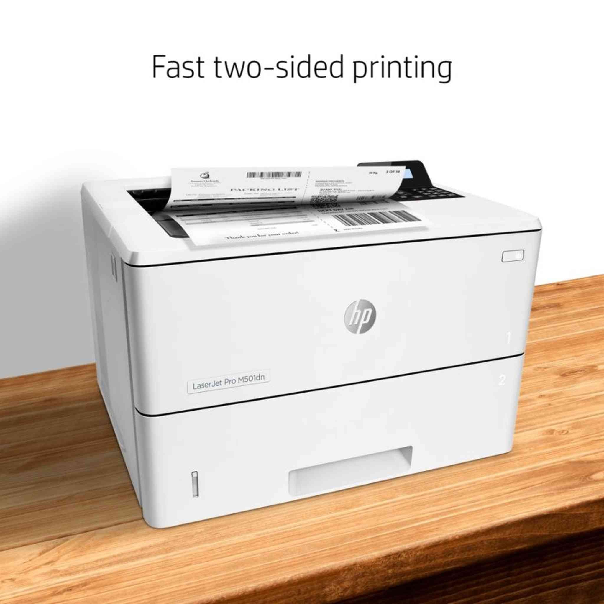 HP LaserJet Pro M501dn Monochrome Laser Printer With Built-in Ethernet And Duplex Printing J8H61A With Power Strip Surge Protector and Cleaning Cloth