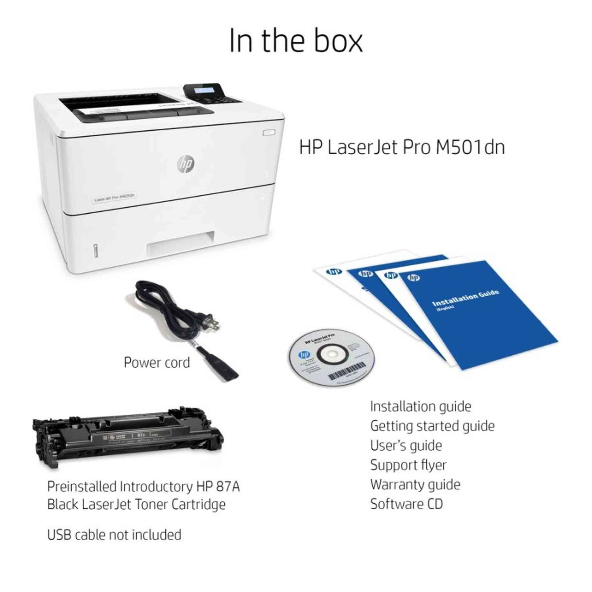 HP LaserJet Pro M501dn Monochrome Laser Printer With Built-in Ethernet And Duplex Printing J8H61A With Power Strip Surge Protector and Cleaning Cloth
