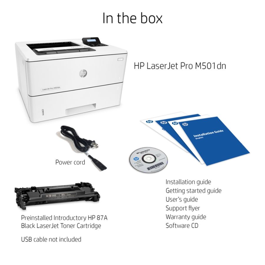 HP LaserJet Pro M501dn Monochrome Laser Printer With Built-in Ethernet And Duplex Printing J8H61A With Power Strip Surge Protector and Electronics Basket Cleaning Cloth