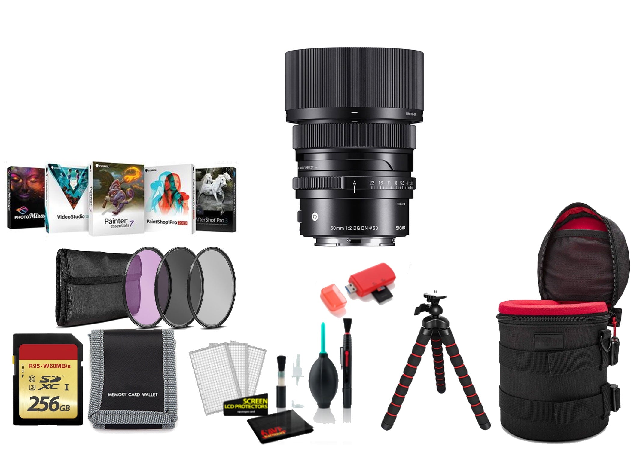 Sigma 50mm f/2 DG DN Contemporary Lens Sony E with Tripod and More