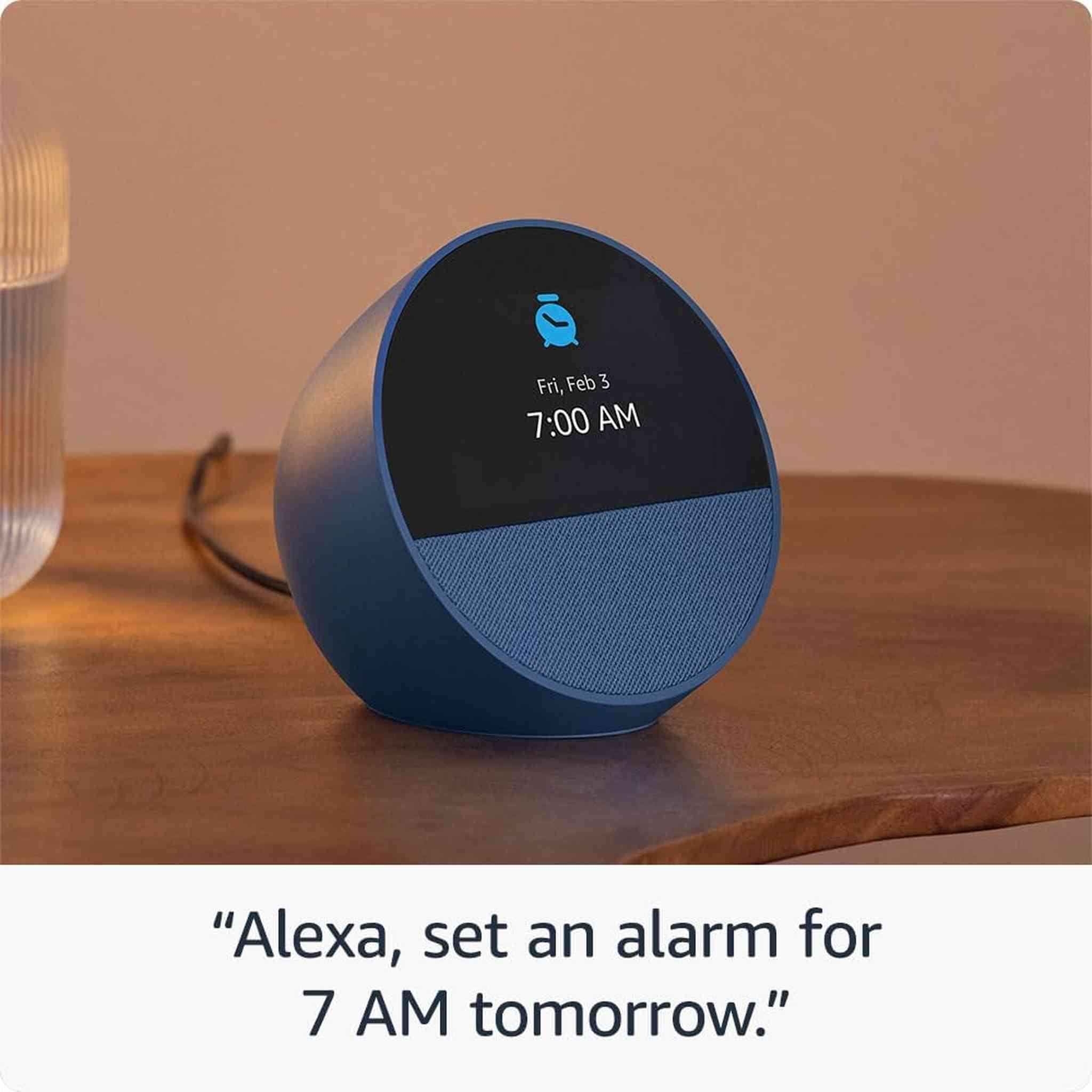 Echo Spot 2024 Smart alarm clock w/ vibrant sound and Alexa -Blue + Screen Cleaning Kit