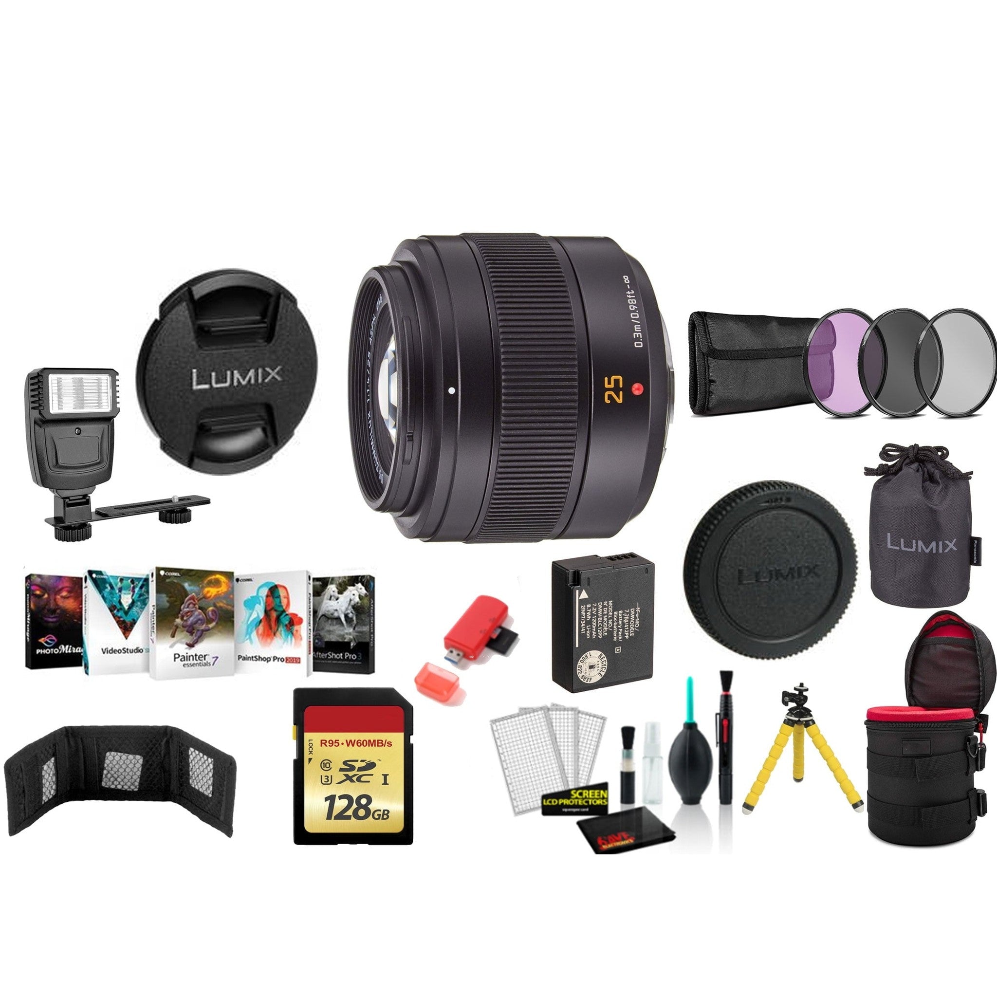 Panasonic Leica DG Summilux 25mm f/1.4 II ASPH. Lens with 128GB Memory Card and More International Model