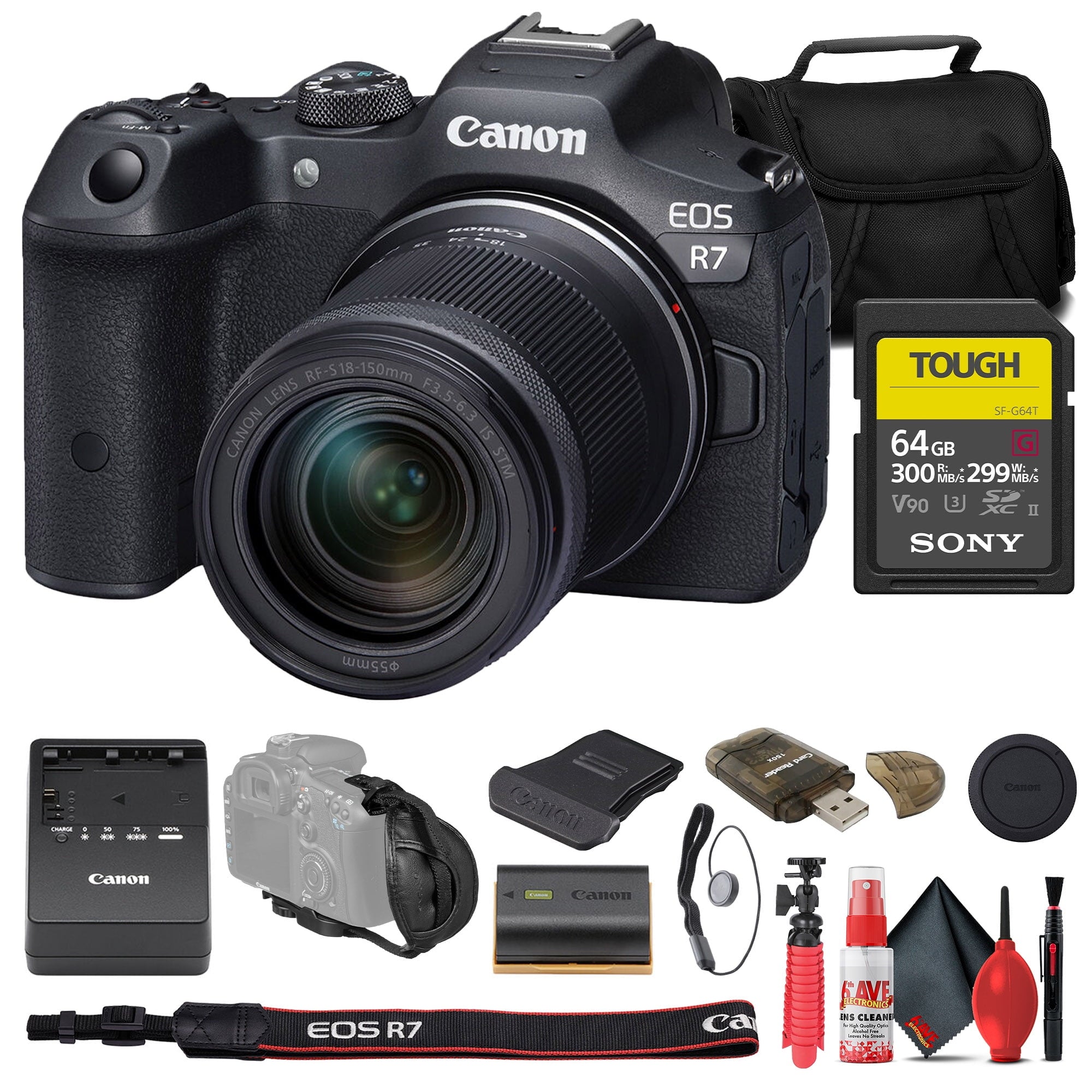 Canon EOS R7 Mirrorless Camera W/ 18-150mm Lens + Sony 64GB TOUGH SD Card + Bag