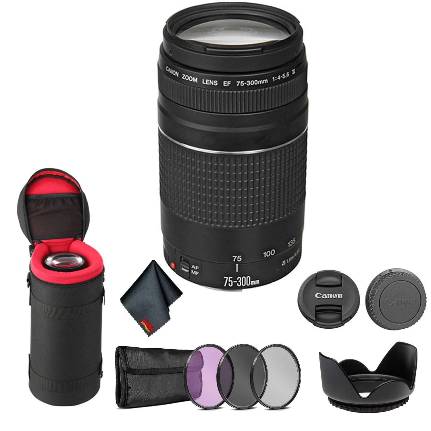 Canon EF 75-300mm f/4-5.6 III Telephoto Zoom Lens 6473A003 Bundle with Tulip Lens Hood + Filter Kit+ Lens Case + More