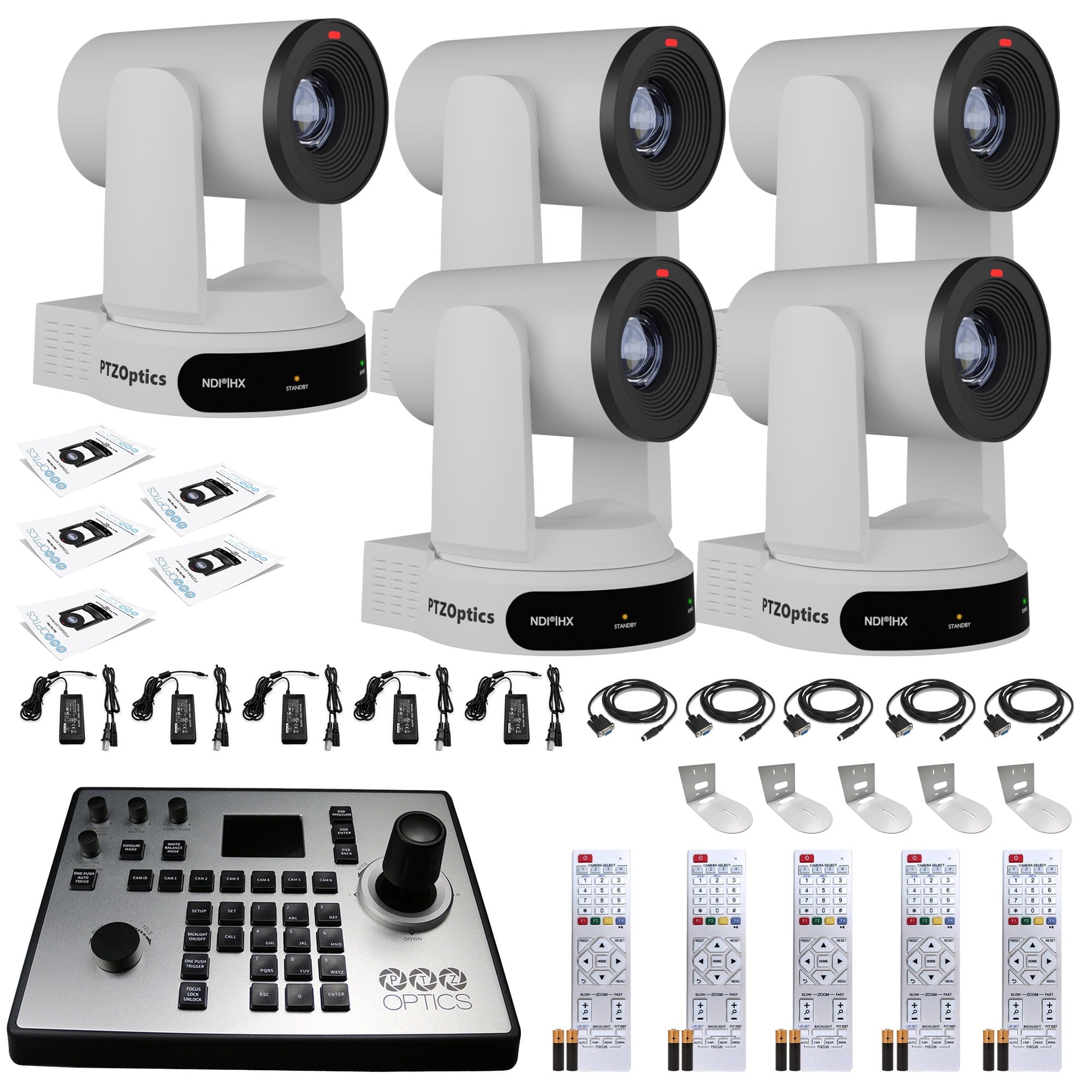 5 x PTZOptics Move 4K PTZ Camera with 30x Zoom White PT30X-4K-WH-G3 + PT-JOY-G4 Controller + 5 x Wall Mount