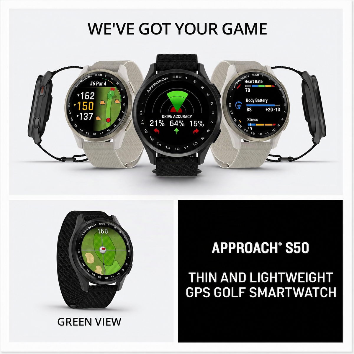 Garmin Approach® S50, Advanced Golf GPS Smartwatch, AMOLED Display, On-Course Features, Wrist-Based Heart Rate, Slate Aluminum Bezel with Black ComfortFit Nylon Band