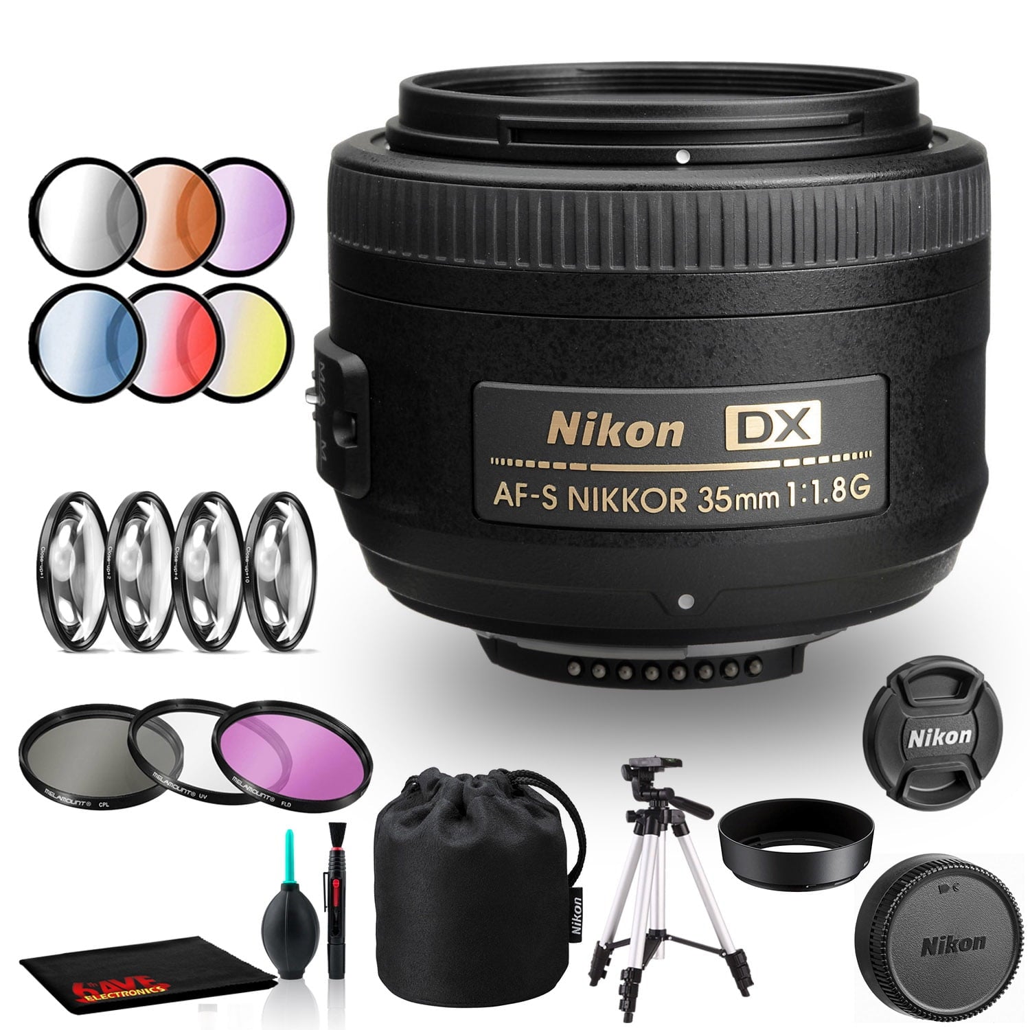 Nikon AF-S DX NIKKOR 35mm f/1.8G Lens Includes Filter Kits and Tripod Intl Model Bundle