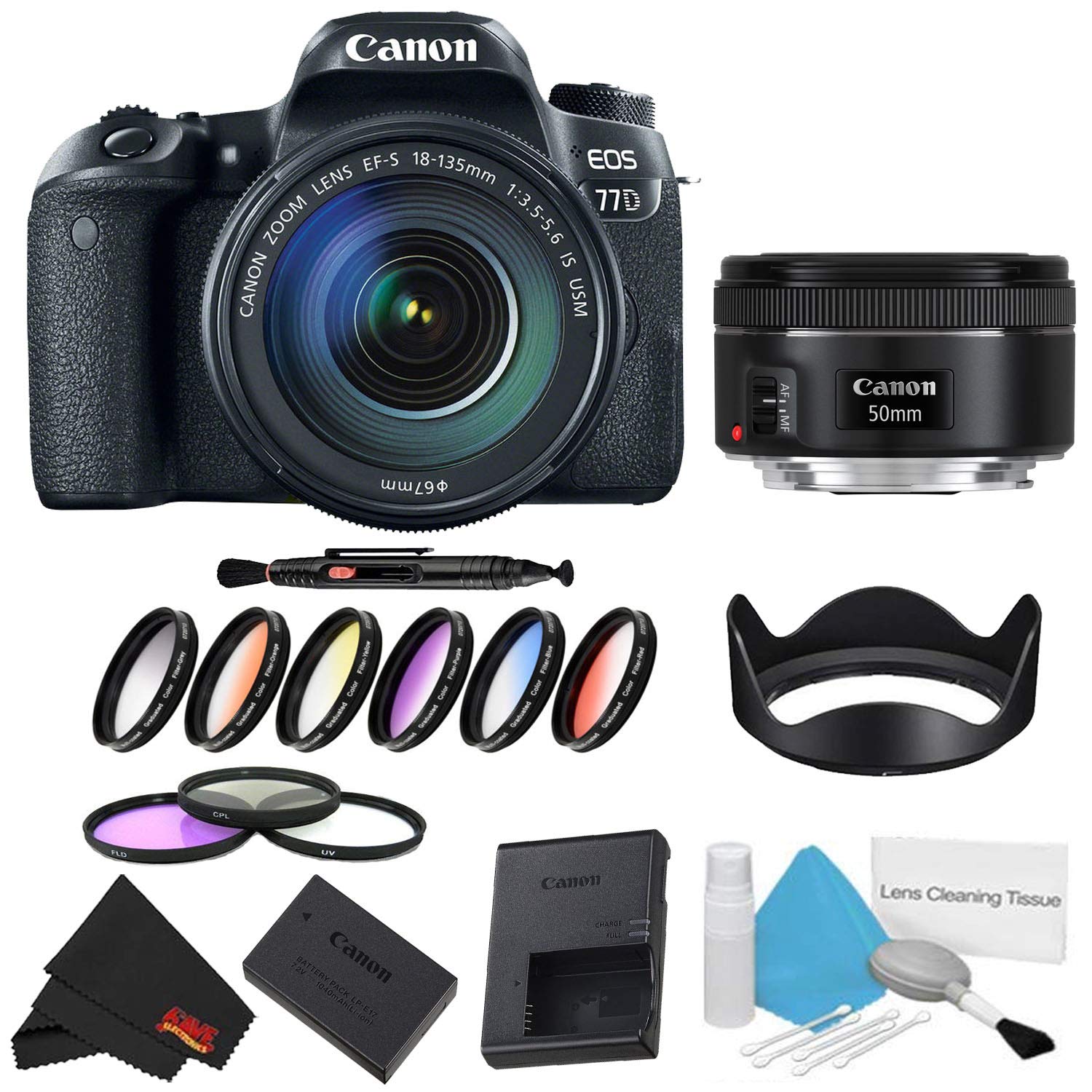 Canon EOS 77D DSLR Camera with 18-135mm Lens Bundle w/ 9 Piece Filter Kit + Bonus 50mm Lens International Model
