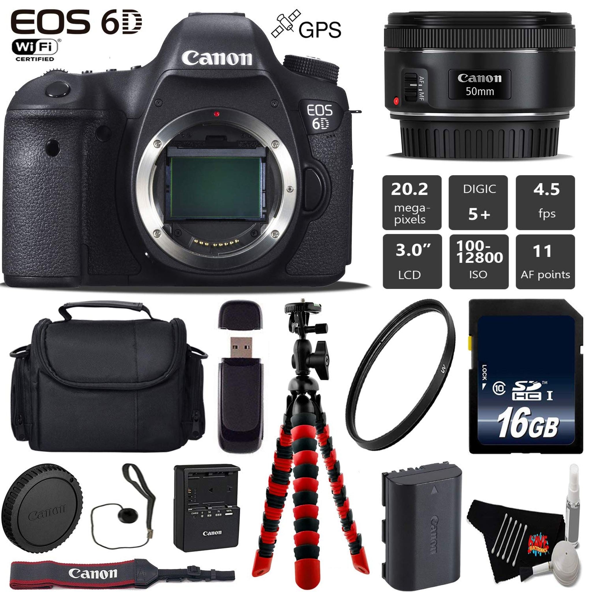 Canon EOS 6D DSLR Camera with 50mm f/1.8 STM Lens + Wireless Remote + UV Protection Filter + Case + Wrist Strap + Tripod
