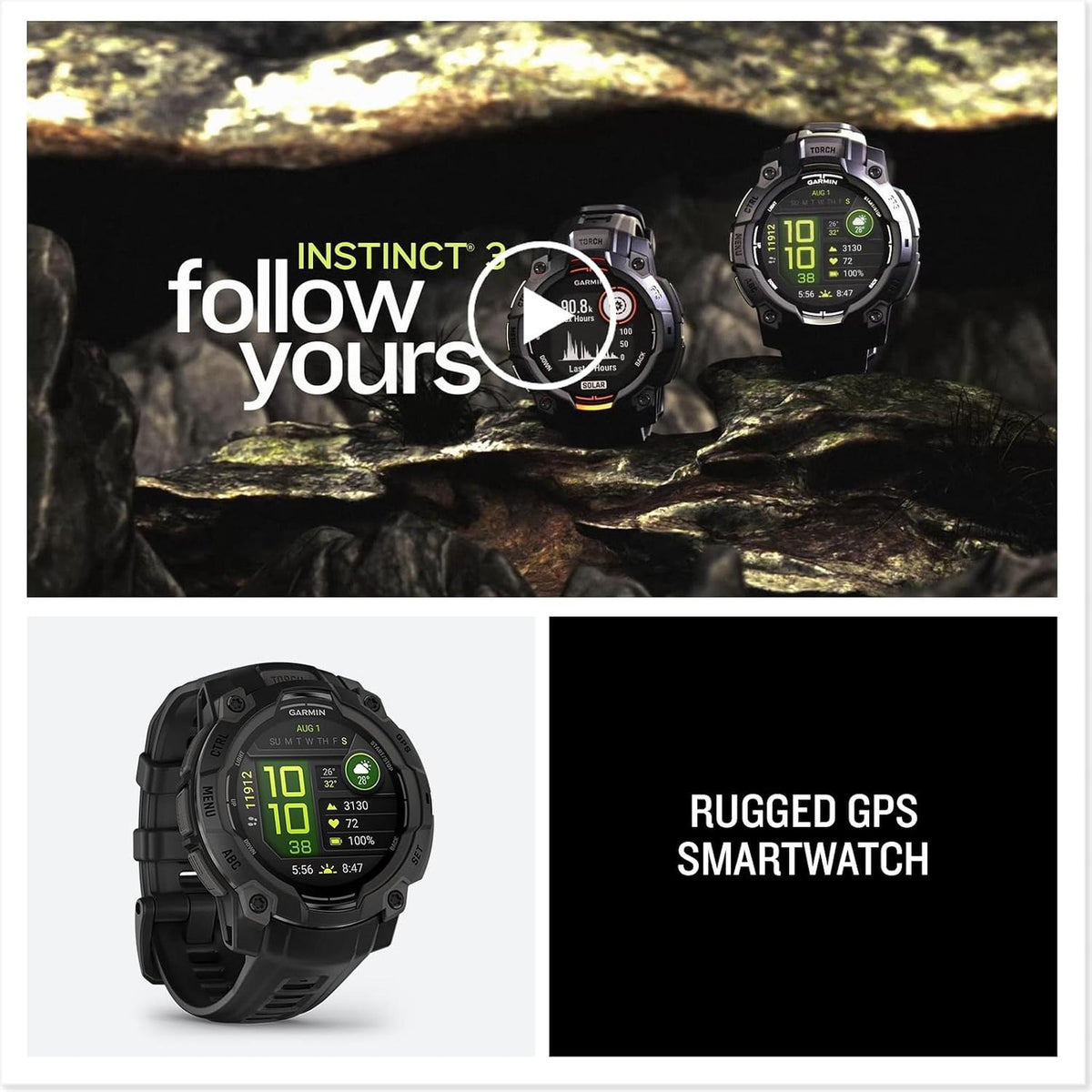 Garmin Instinct® 3 45mm, AMOLED Display, Rugged Outdoor GPS Smartwatch, Metal-Reinforced Bezel, Built-in Flashlight, Up to 18 Days of Battery Life, Black