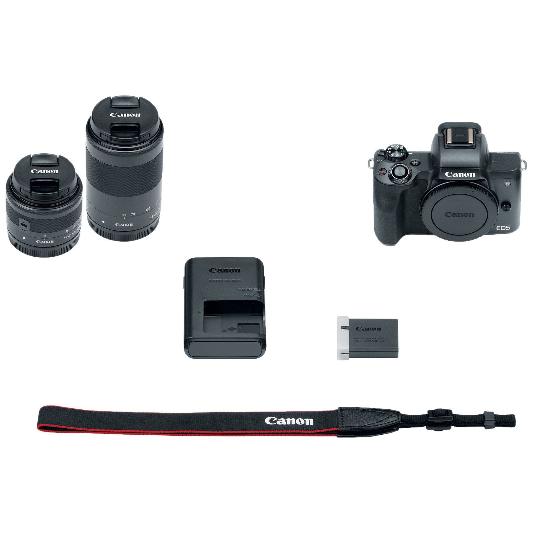 Canon EOS M50 Mirrorless Camera Body and EF-M15-45mm + EF-M 55-200mm Lenses and with Dual Pixel CMOS AF and 4K Video - Black - Used