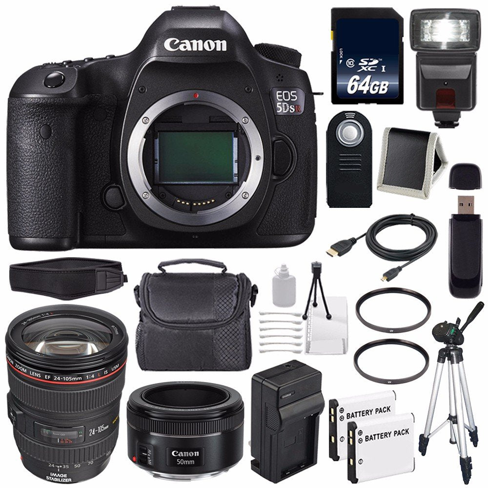 Canon EOS 5DS R DSLR Camera (International Model) 0582C002 + Canon EF 24-105mm f/4L is USM Lens + EF 50mm f/1.8 STM Lens + LP-E6 Replacement Battery + Charger + 64GB SDXC Card Bundle